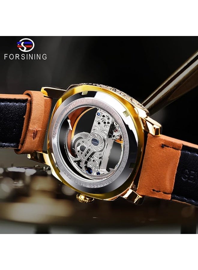 FORSINING Men's Luxury Square Carving Mechanical Watch, Retro Totem Double Sided Hollow Skeleton Self-Wind Automatic Watches, Vintage Leather Strap Wristwatch Reloj para Hombre - Image 4